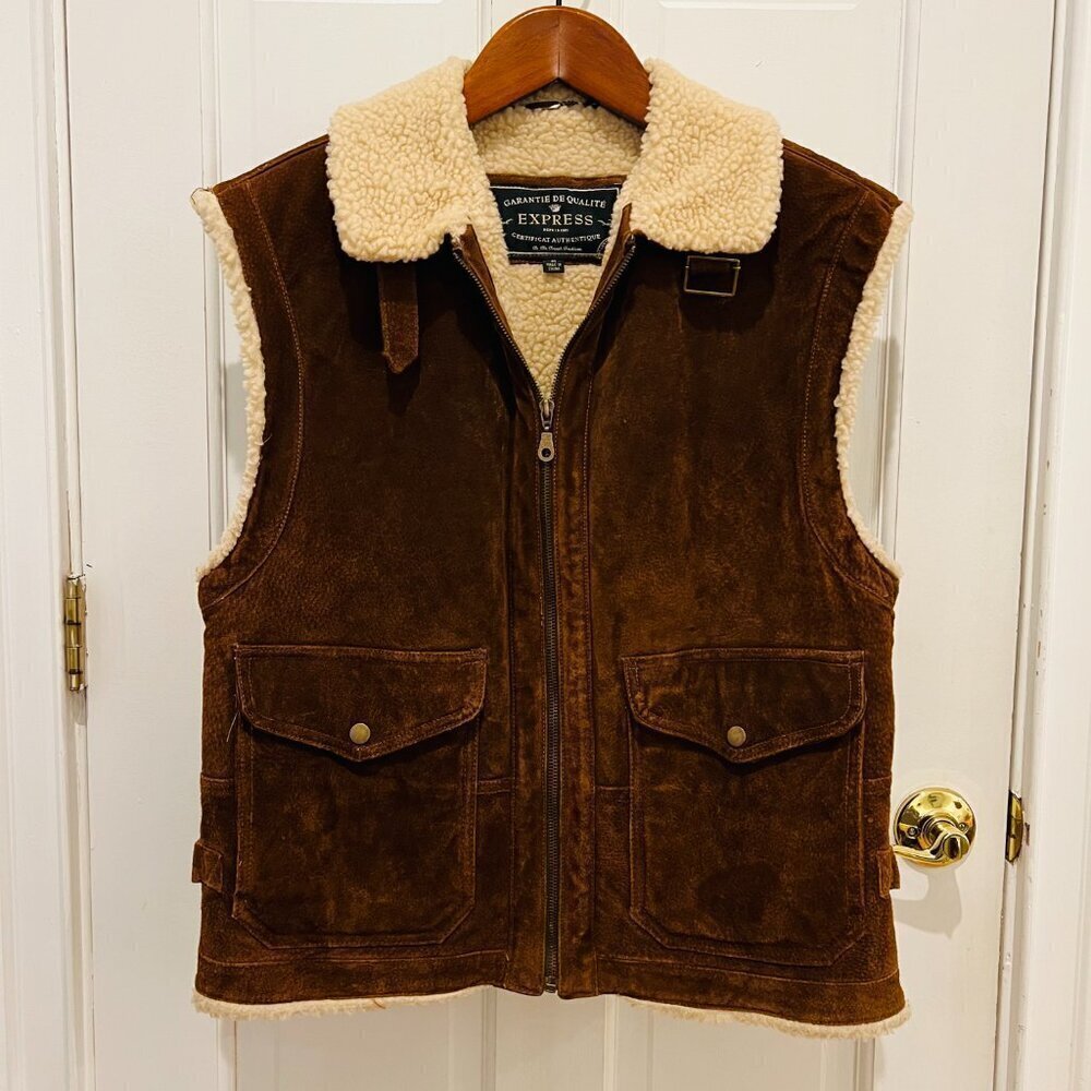 Express Genuine Pig Split Suede Faux Shearling Vest, Brown, Sz: M